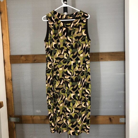 Tahari ASL Abstract Print Green Brown Cream Sleeveless Midi Dress Sz14 - Picture 1 of 16